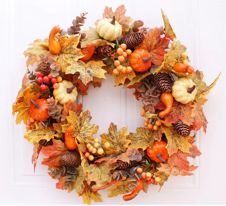 Simulation autumn pumpkin wreath with fabric leaves, berries, pine cones on natural vine ring, 50cm diameter