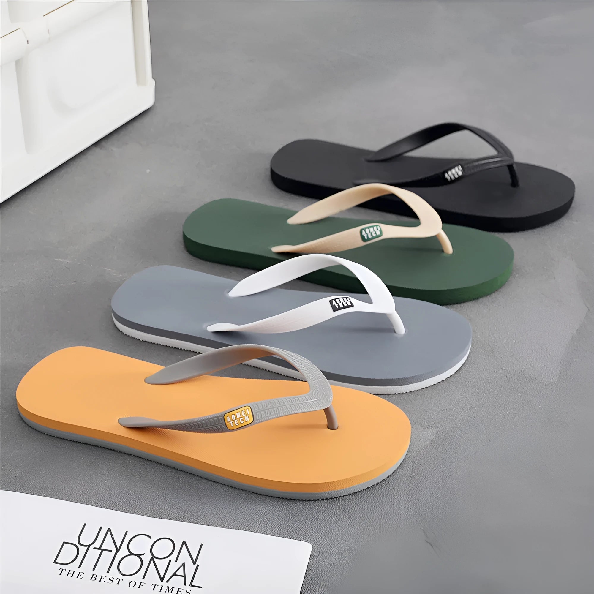 Men's black rubber flip-flop with vulcanised sole and EVA upper, shown from the side.