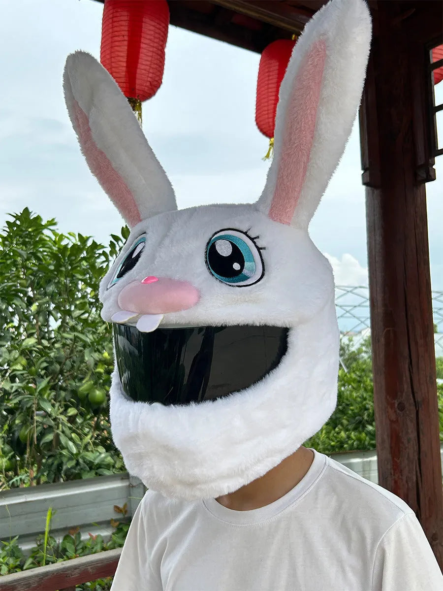 White rabbit head helmet cover for electric motorcycles with long ears and plush material