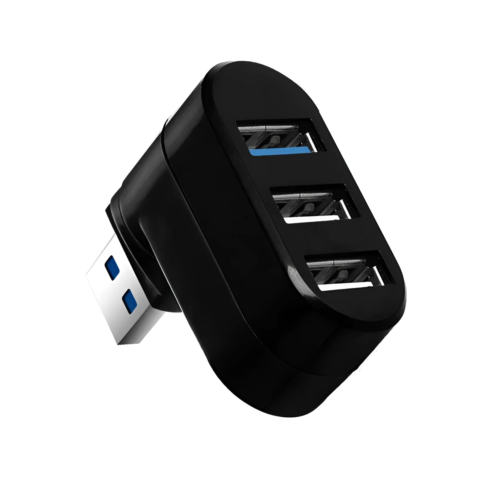 Black and white USB 3.0 four-port rotary hub on a desk next to a laptop
