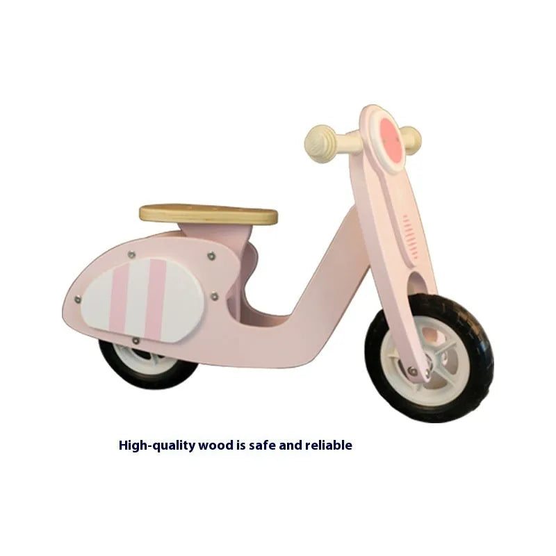 Pink wooden toddler balance scooter with 10-inch wheels for children aged 1-6 years.