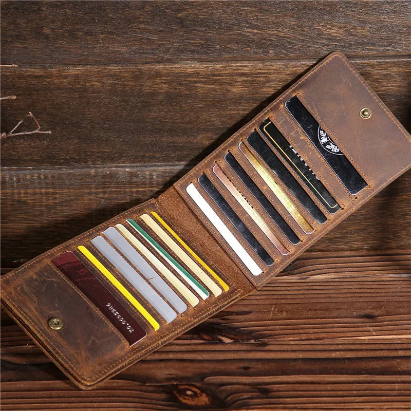Men's slim leather card wallet in first-layer cowhide with 18 card slots, a money compartment, and a mobile phone slot.