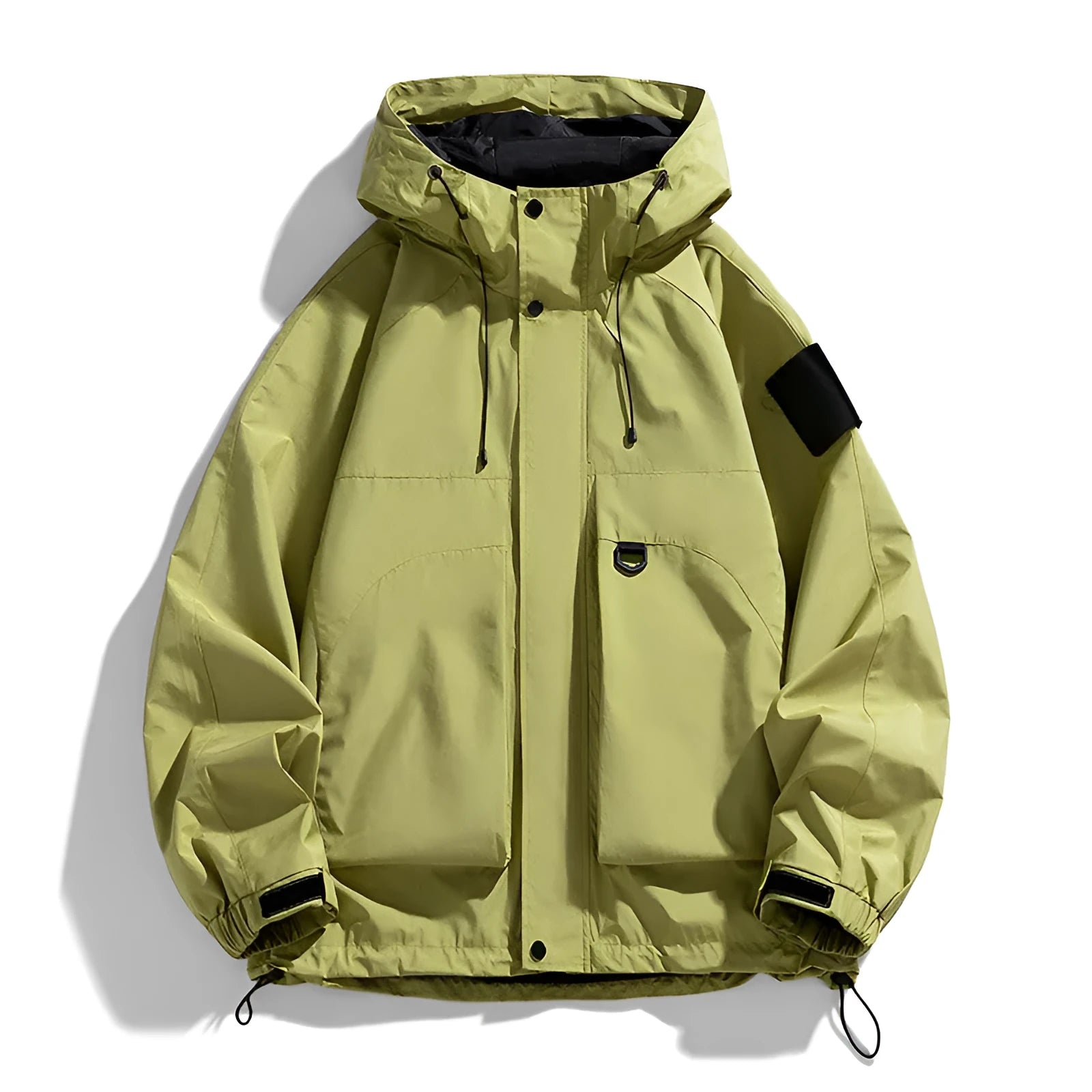 Men's black waterproof windproof hooded coat with polyester fibre construction