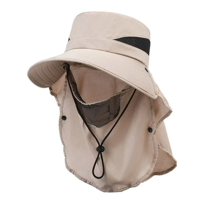 Men's khaki polyester fisherman hat with wide brim on a wooden fence, showing adjustable inner drawstring.
