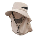 Men's khaki polyester fisherman hat with wide brim on a wooden fence, showing adjustable inner drawstring.
