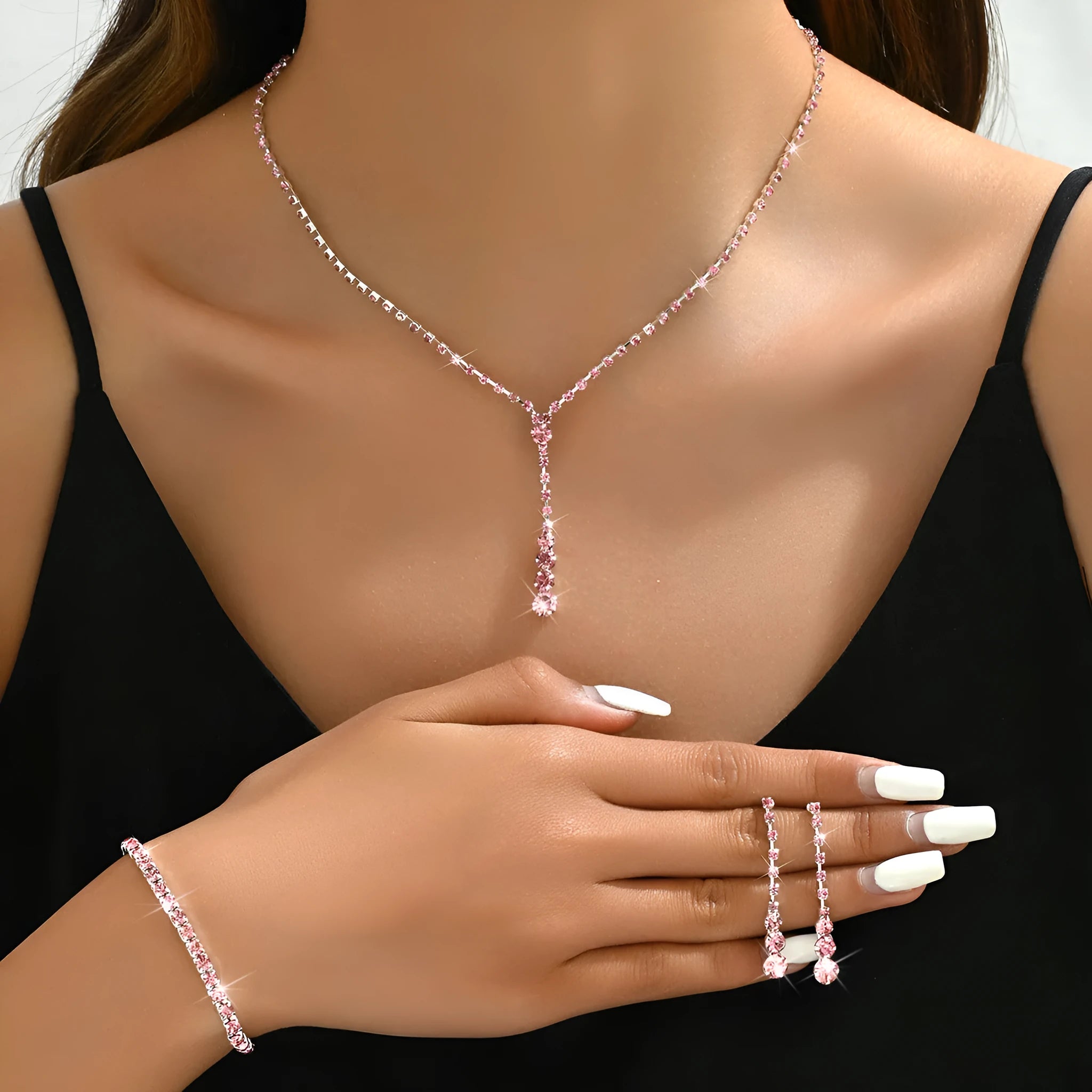 Women's rhinestone jewellery set with tassel and heart-shaped pendants in four colour options