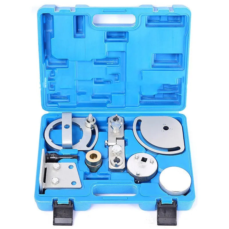 Volvo engine timing tool set with alignment tools for T5 and T6 engines on a workshop bench.