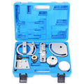 Volvo engine timing tool set with alignment tools for T5 and T6 engines on a workshop bench.