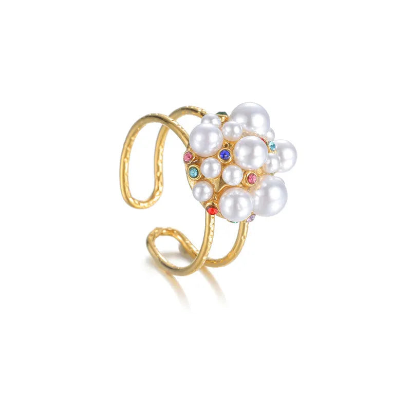 Women's adjustable open mouth ring with pearl and zircon decorative elements on stainless steel