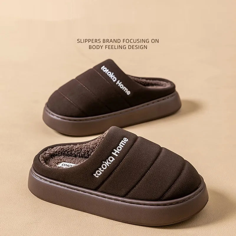 New cotton waterproof fleece lined non-slip platform slippers with EVA sole in khaki colour, flat heel 3.0 cm