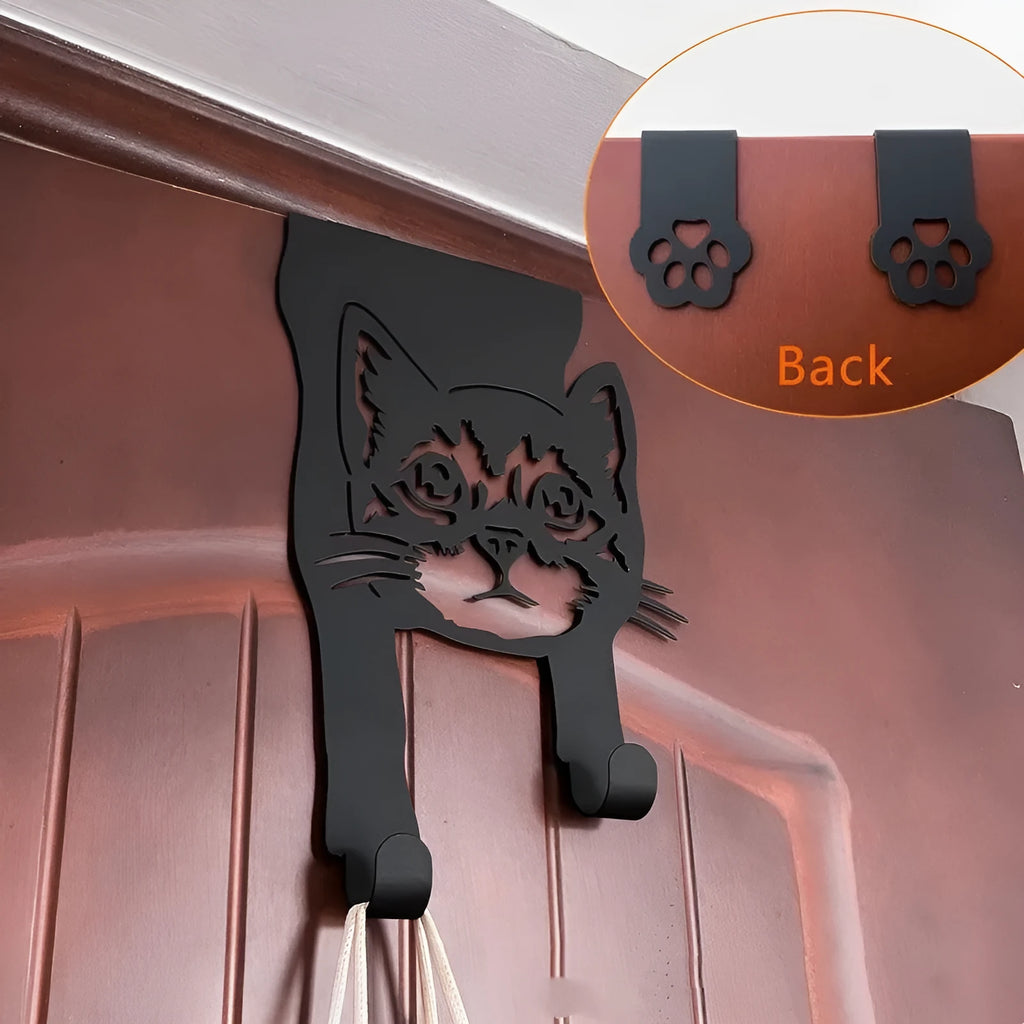 Black decorative cat-shaped iron wall hook with punch-free mounting