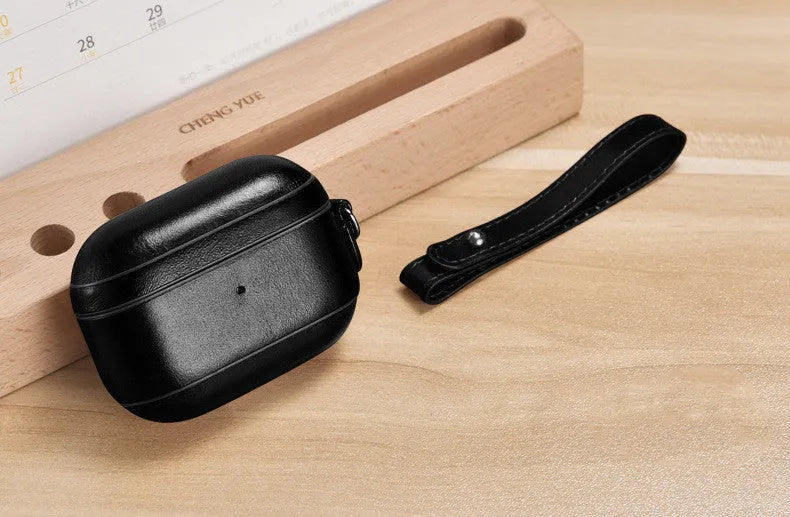 AirPods Pro protective sleeve flip case with ring buckle in brown plastic and leather
