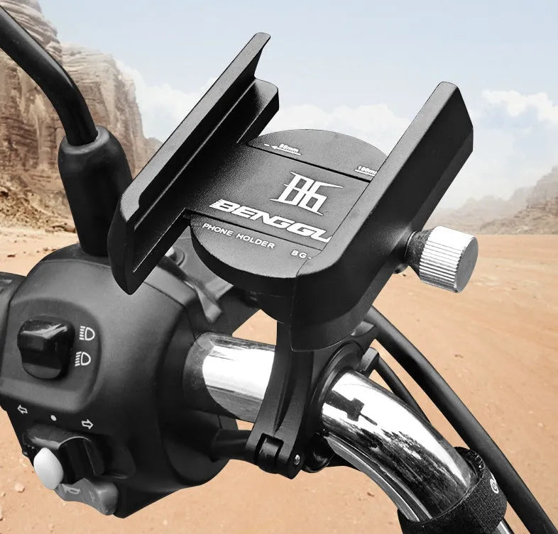 Aluminium bicycle phone holder mounted on handlebar holding mobile phone