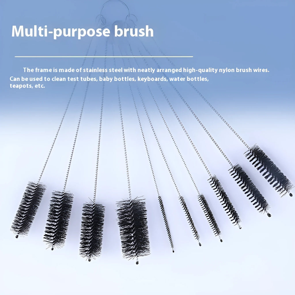 Set of long, thin stainless steel and nylon straw cleaning brushes for bottles.