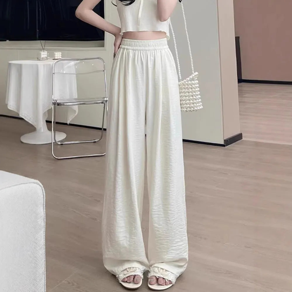 Casual tall sweatpants white wide leg high waist pleated trousers for women acetate fabric