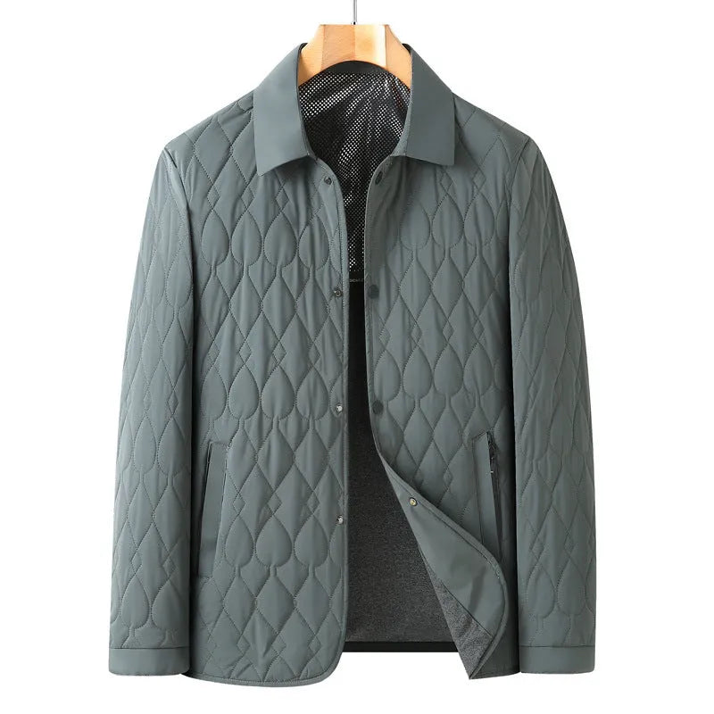 Men's lightweight cotton-padded diamond lattice jacket in black, gray green, and navy blue for autumn winter business casual wear