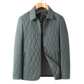 Men's lightweight cotton-padded diamond lattice jacket in black, gray green, and navy blue for autumn winter business casual wear