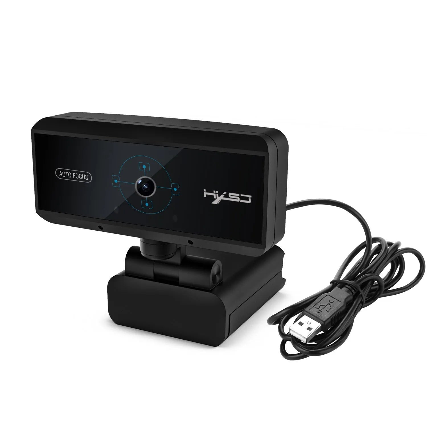 AF black 1080P webcam with auto focus and six-layer glass lens on a desk