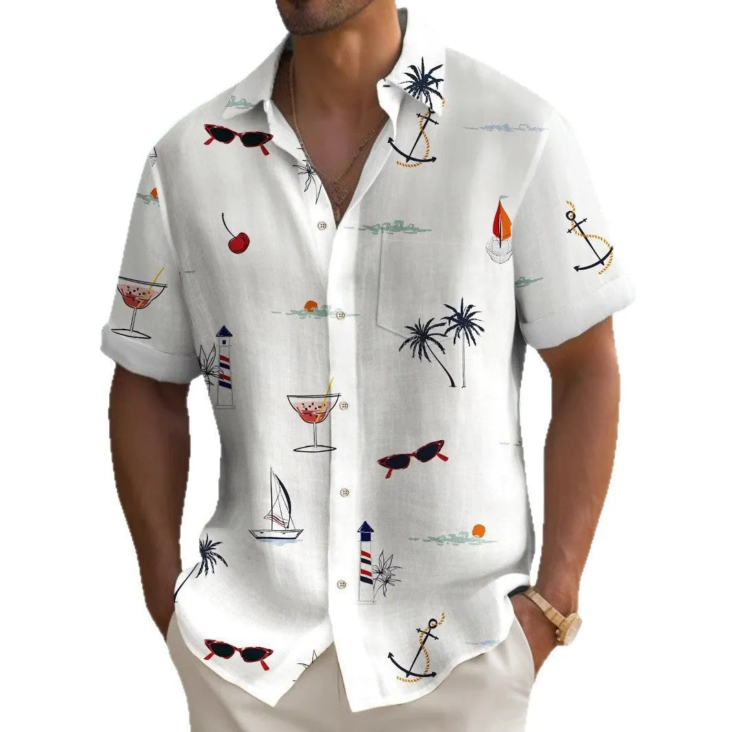 Men's loose fit short sleeve Hawaiian shirt with a colourful digital printed pattern.