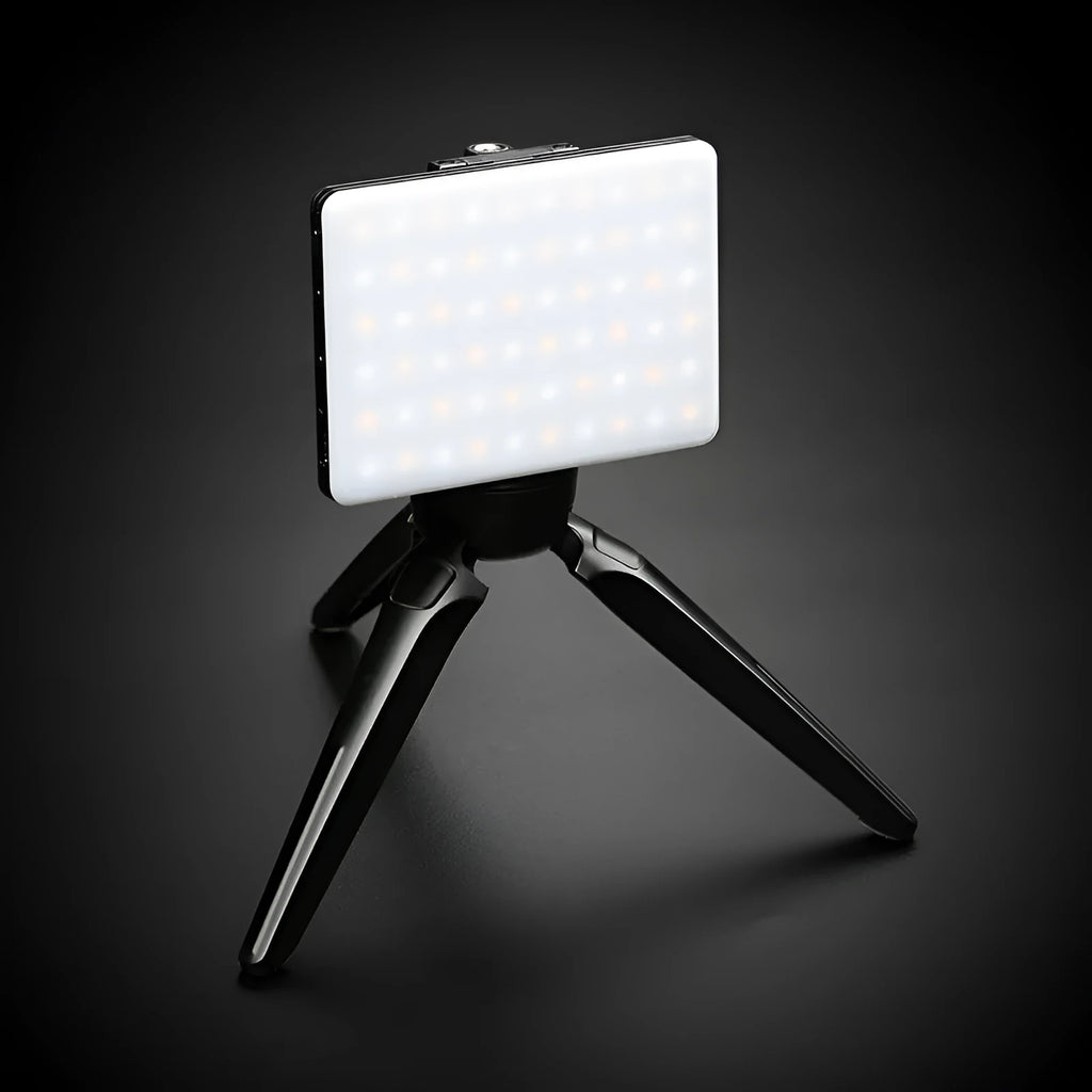 White mobile phone fill light with adjustable clip and dual colour temperature LED panel