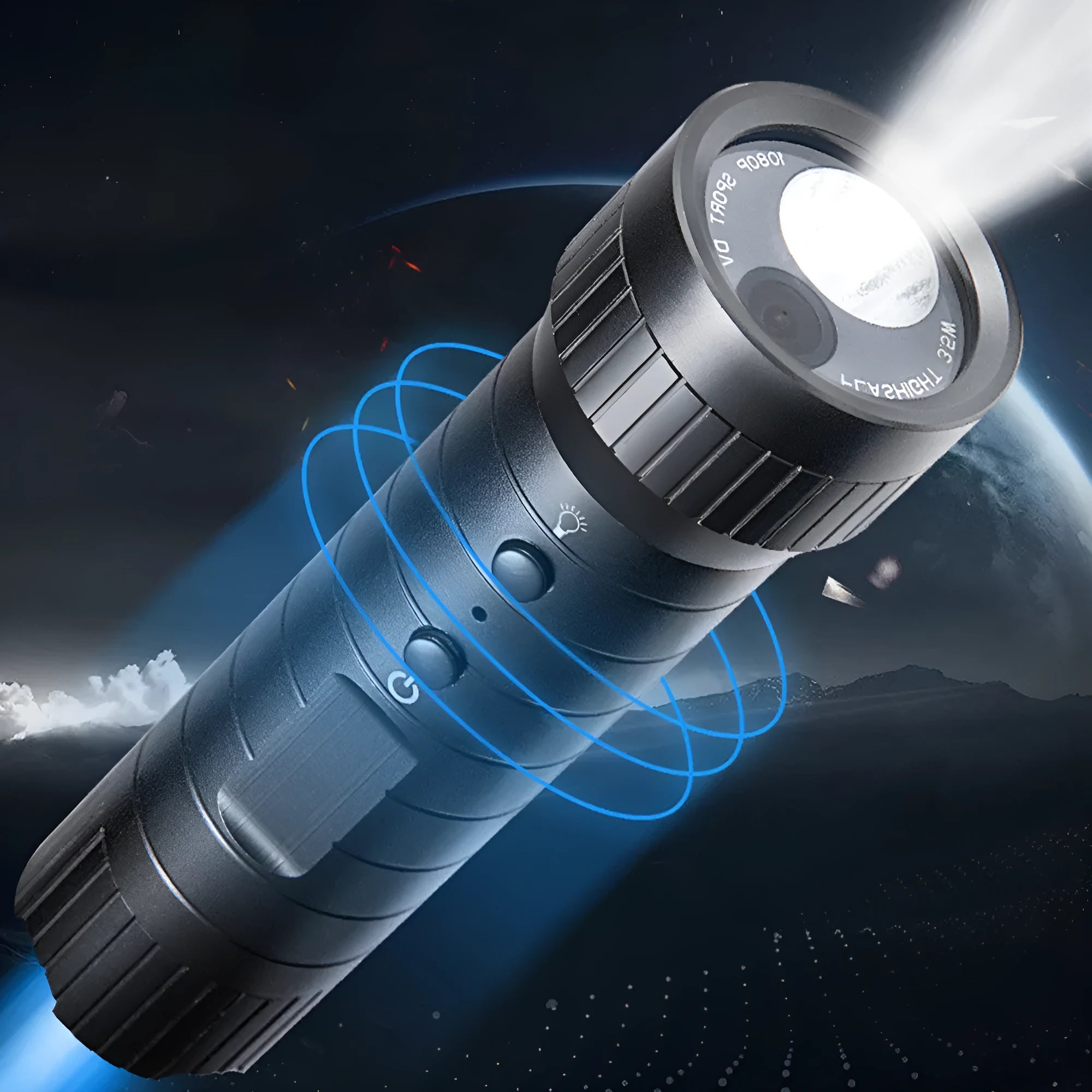 DV3000 black metal sports camera with flashlight and wide-angle lens on a dark background
