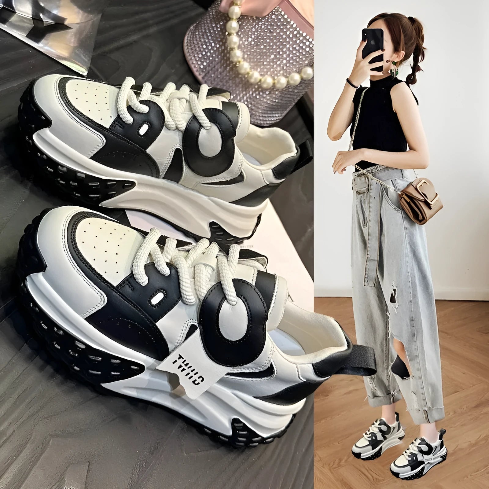 Leather sports casual shoes with thick rubber sole and lace-up fastening in multiple colours.