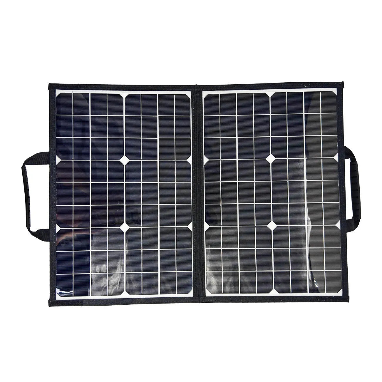 Black 40W solar panel folded inside a slim polyester bag, showing its compact 425mm by 285mm size.