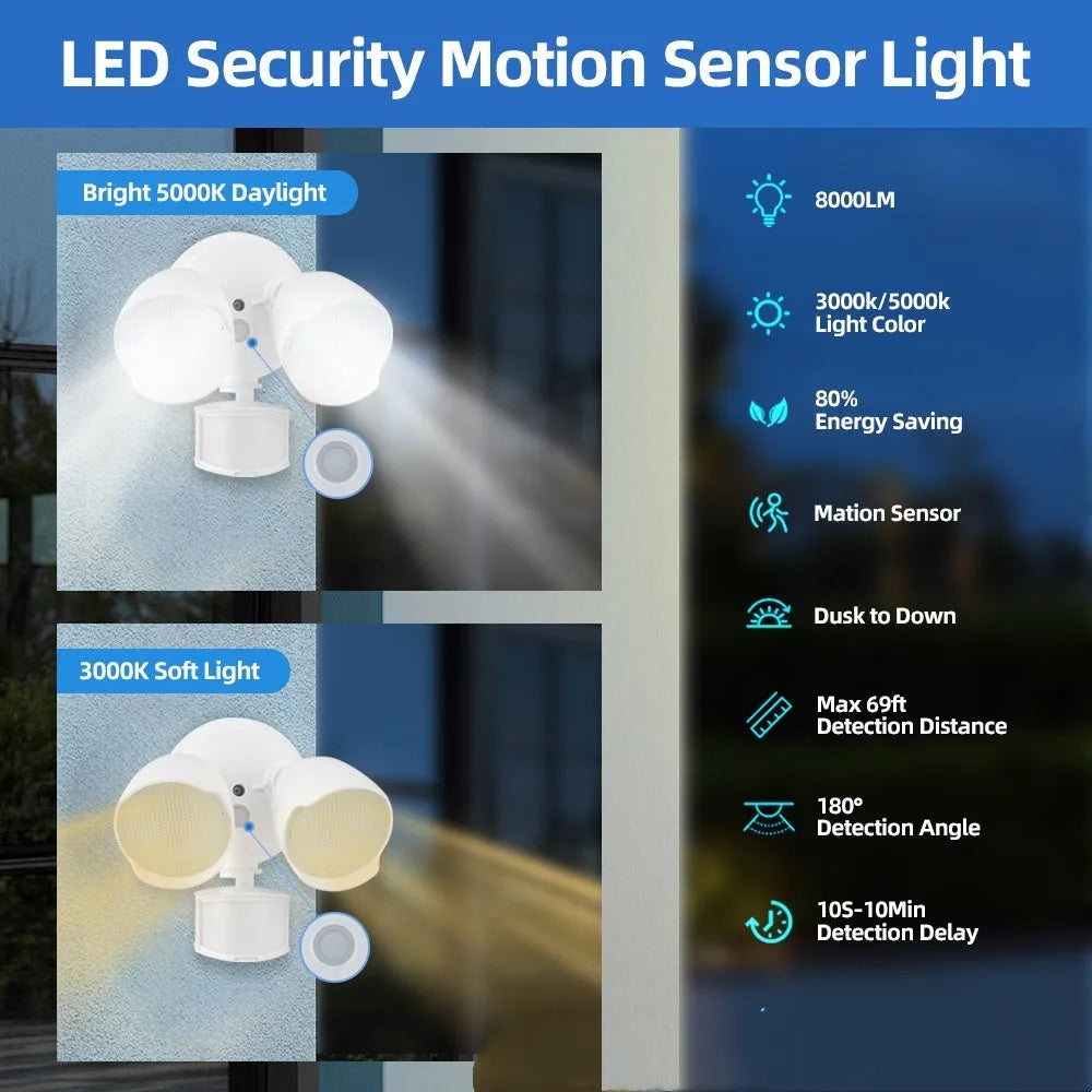 White outdoor LED security flood light with PIR motion sensor mounted on a wall beside a garage door.