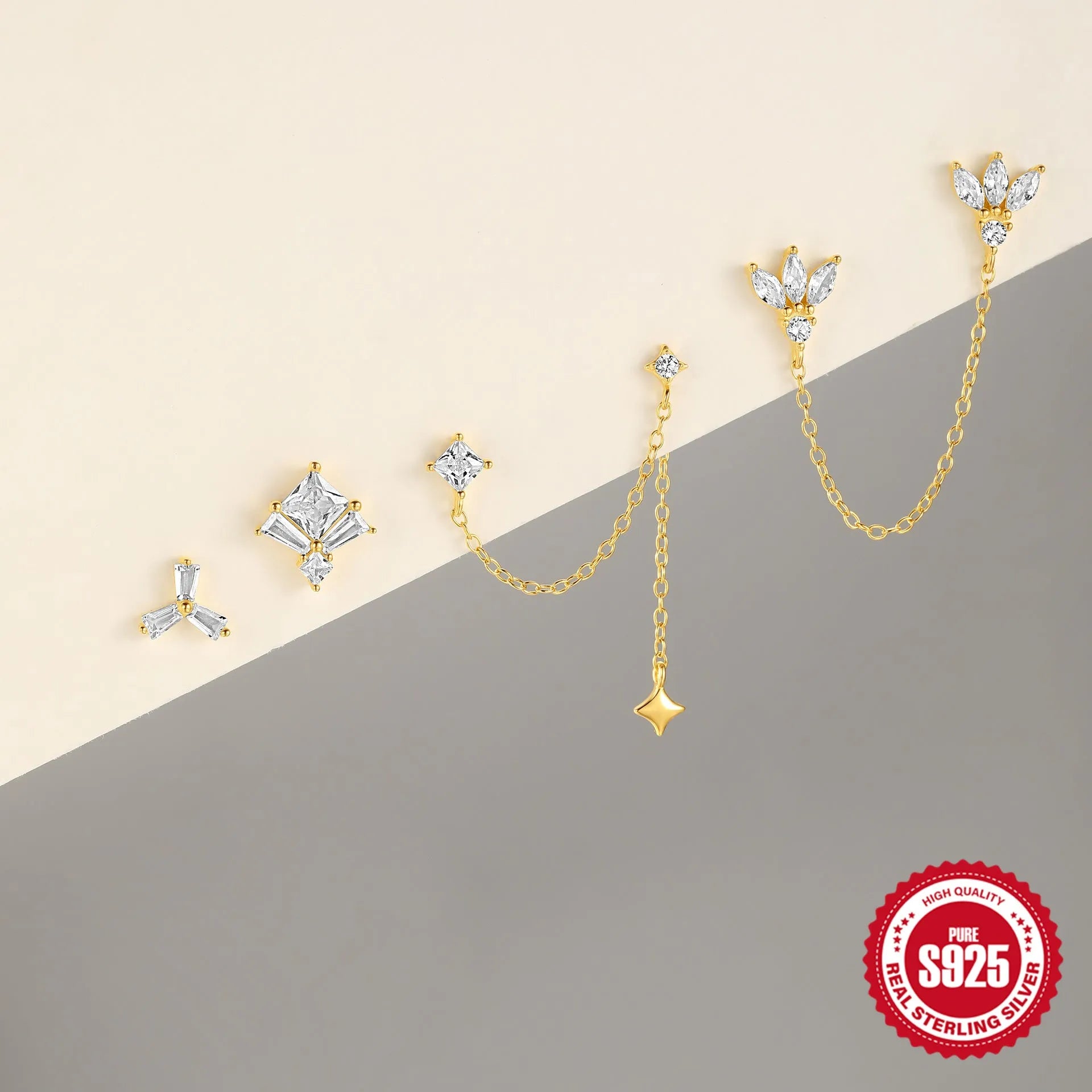 S925 sterling silver geometric earrings with zircon inlay in golden colour options
