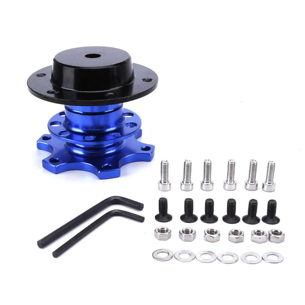 Car steering wheel quick release adapter device in black, red, blue, silver, and gold colour options.