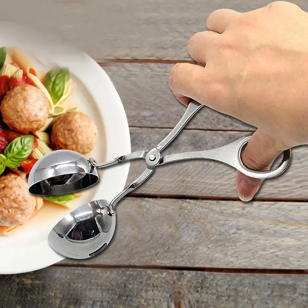 Stainless steel meatball maker tool clip with water-polished finish forming a uniform ball