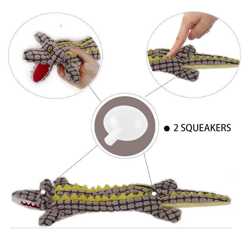 Blue crocodile-shaped plush dog toy with corduroy texture and squeaker for small and large dogs
