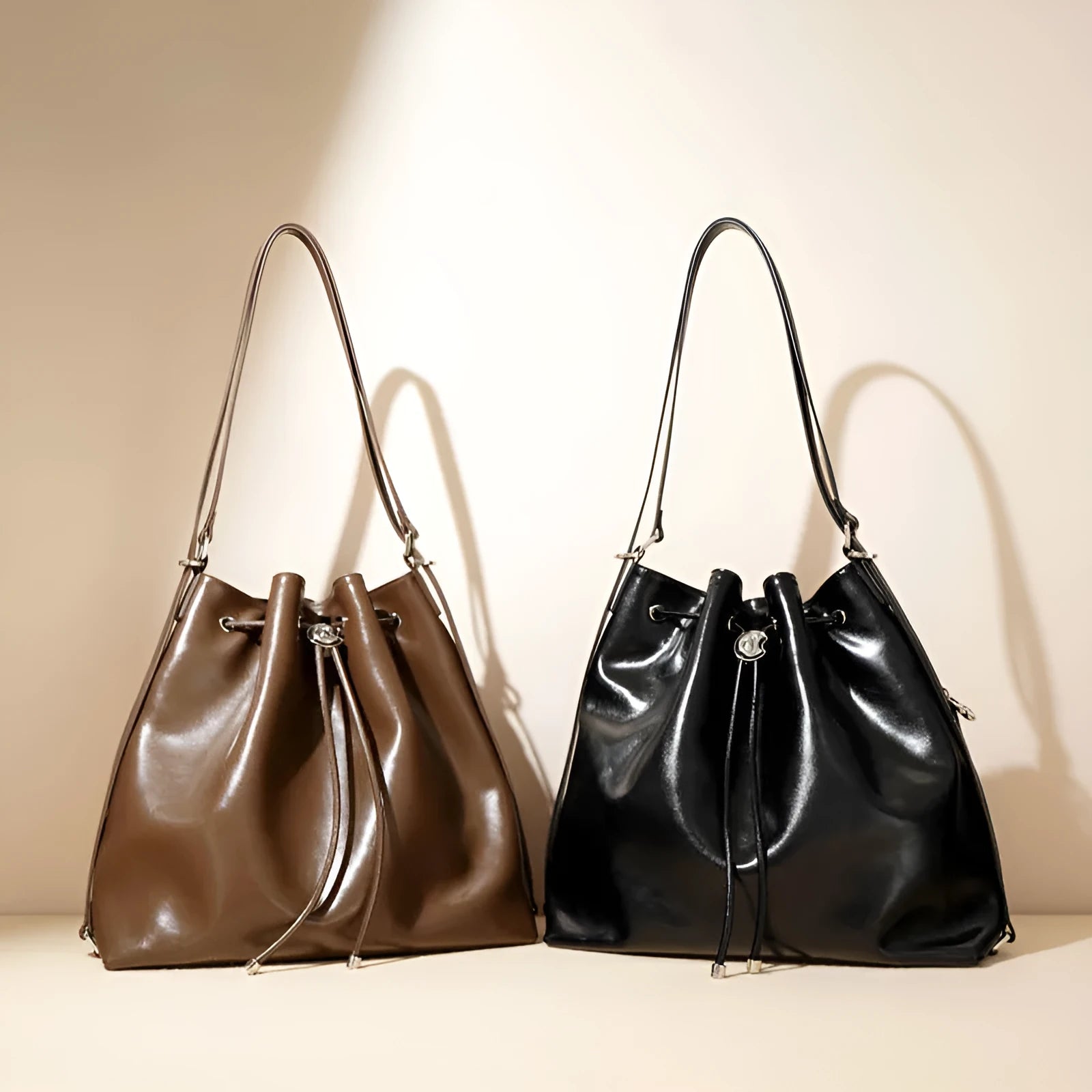 Genuine leather retro bucket bag with single shoulder strap in brownie brown colour