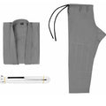 Lightweight black Judo and Brazilian Jiu-Jitsu gi set with trousers on a flat lay.