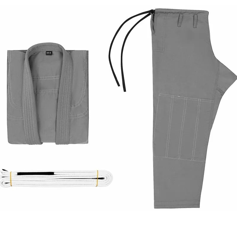 Lightweight black Judo and Brazilian Jiu-Jitsu gi set with trousers on a flat lay.