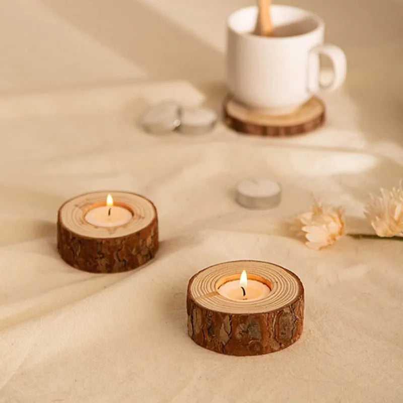Simple modern pastoral wood candle holder with 4 candles on a table for holiday decoration