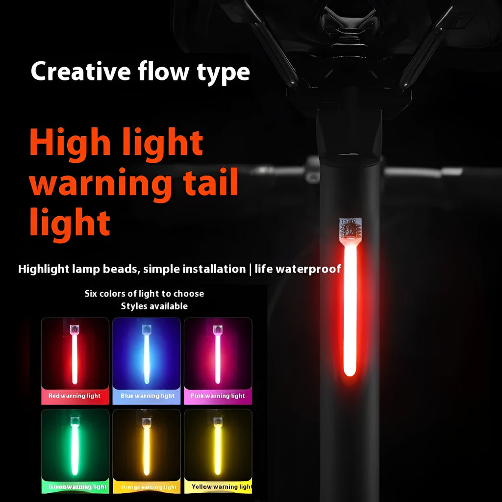 USB rechargeable bicycle taillight with flowing red light pattern, mounted on a bike