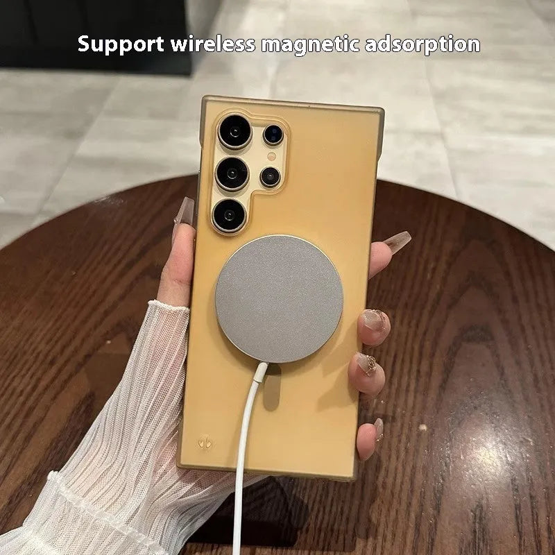 Frameless frosted PC magnetic phone case for Samsung in Desert Gold, shown ultra-thin with anti-fall design