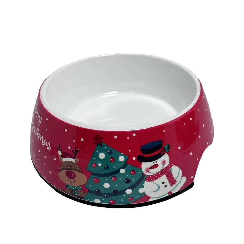 Red Christmas pet bowl with melamine construction and stainless steel double-layer base