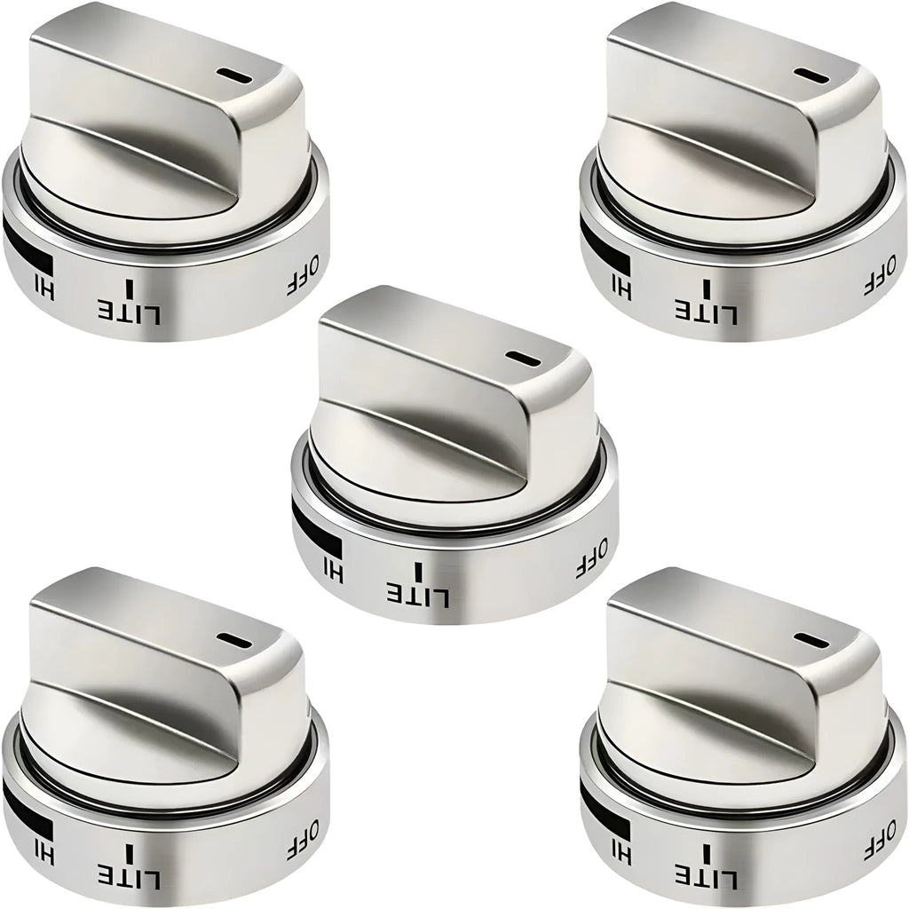 Silver metal oven control knob measuring 5.3cm diameter