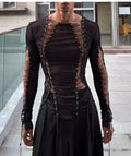 Men's black transparent lace-up mesh top with long sleeves and drawstring hem worn on a model