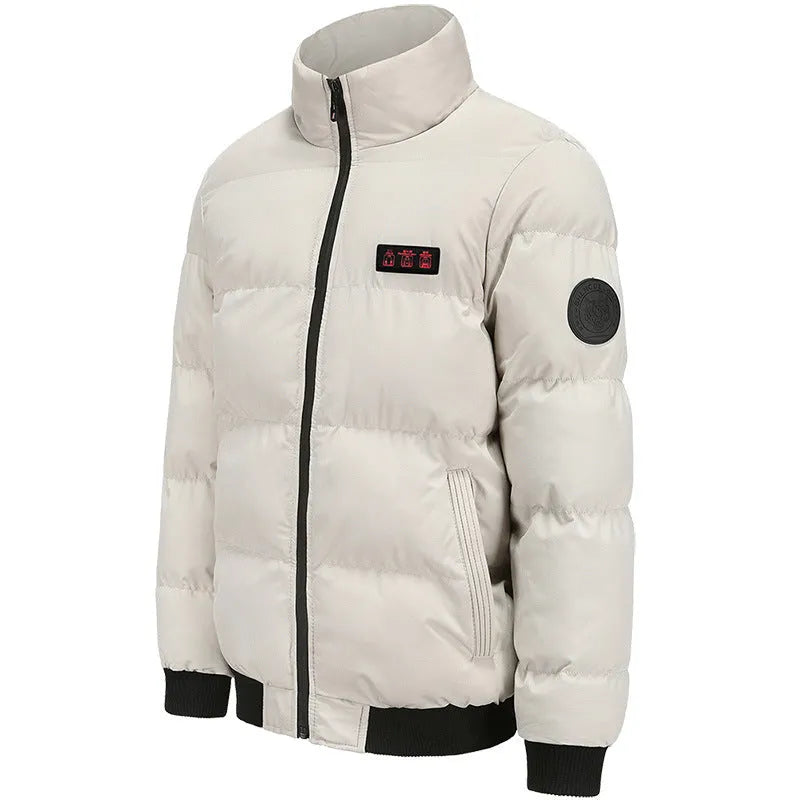 Outdoor USB heated cotton-padded jacket in red, windproof and waterproof, cardigan style