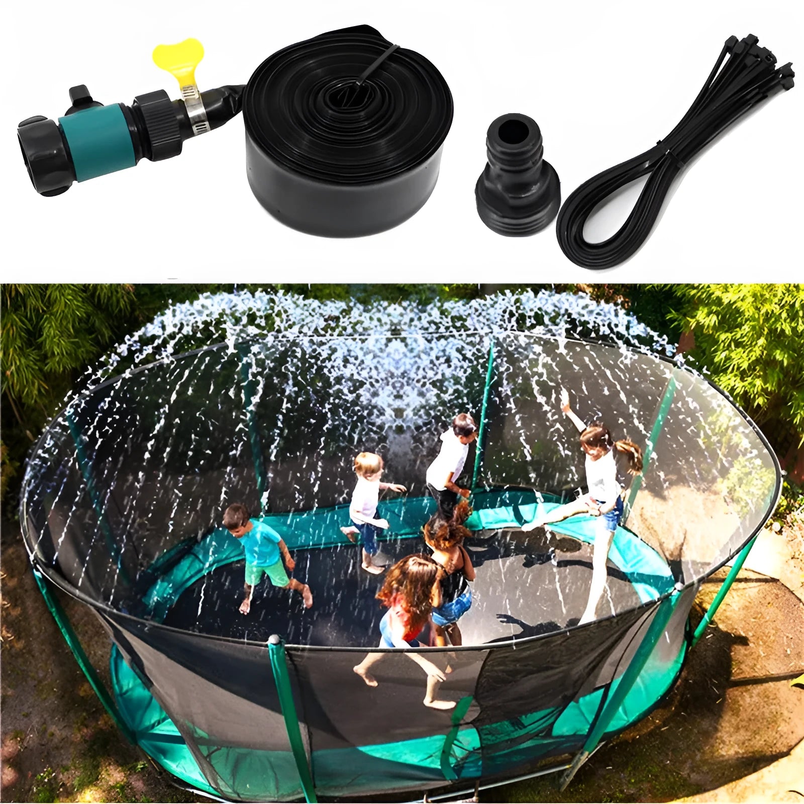 Blue portable solar garden sprinkler with hose connection and PVC switch on grass.