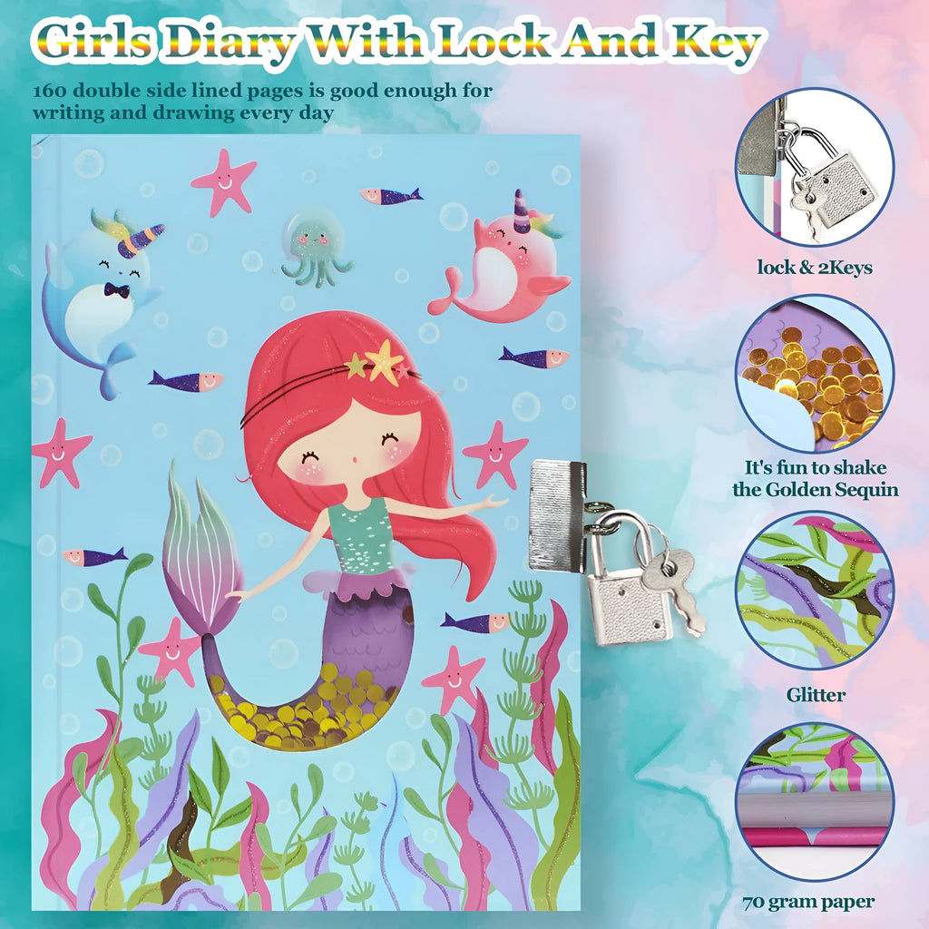 Children's mermaid printed notebook with lock, paper cover, thread bound, 80 sheets