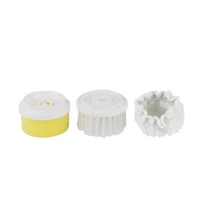White rechargeable electric cleaning brush with three interchangeable nylon brush heads on a bathroom sink.