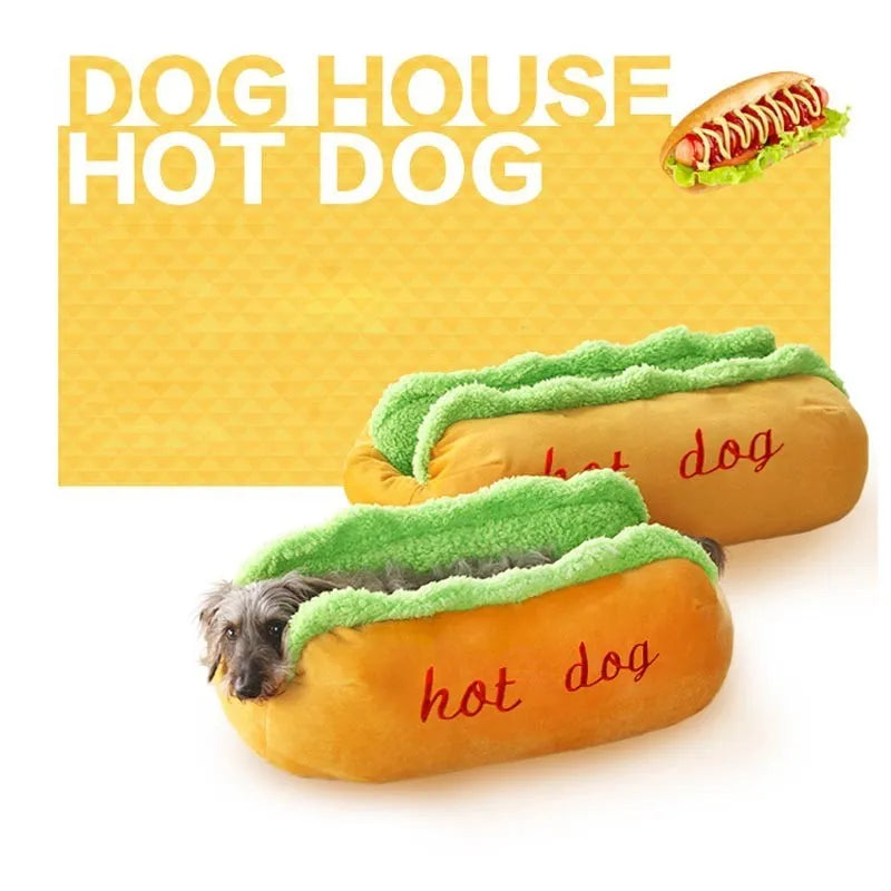 Hot dog shape pet kennel with PP cotton cushion, short plush fabric, non-slip bottom, sizes S and L