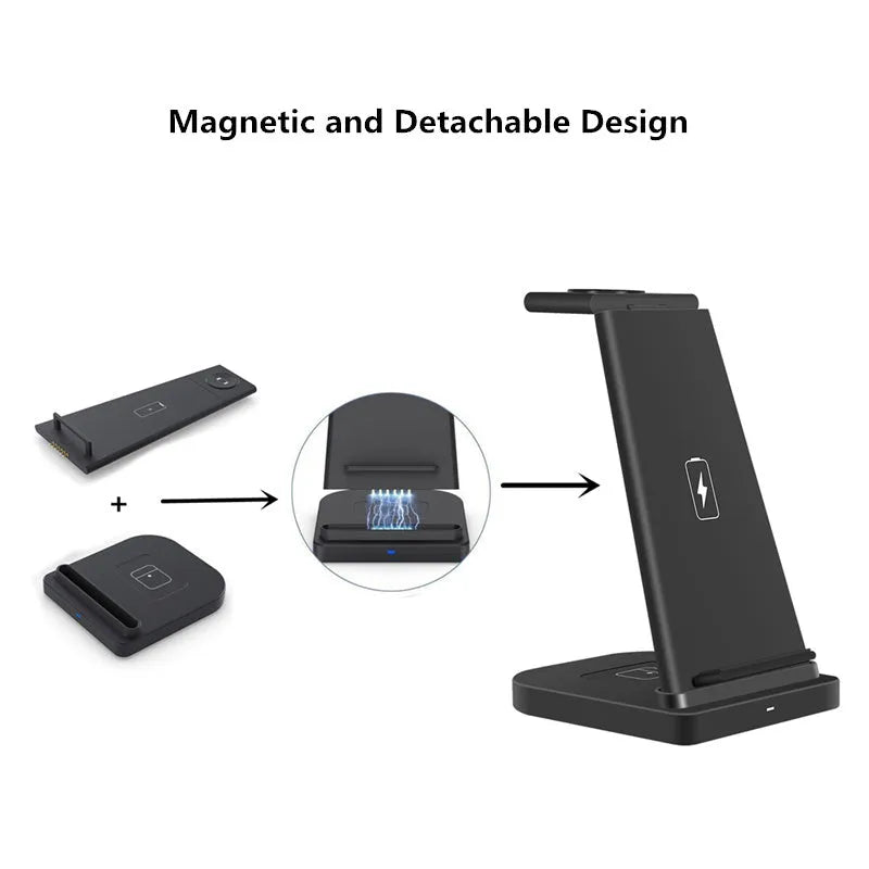 Foldable three-in-one wireless charger for mobile phone, headphones and smartwatch charging
