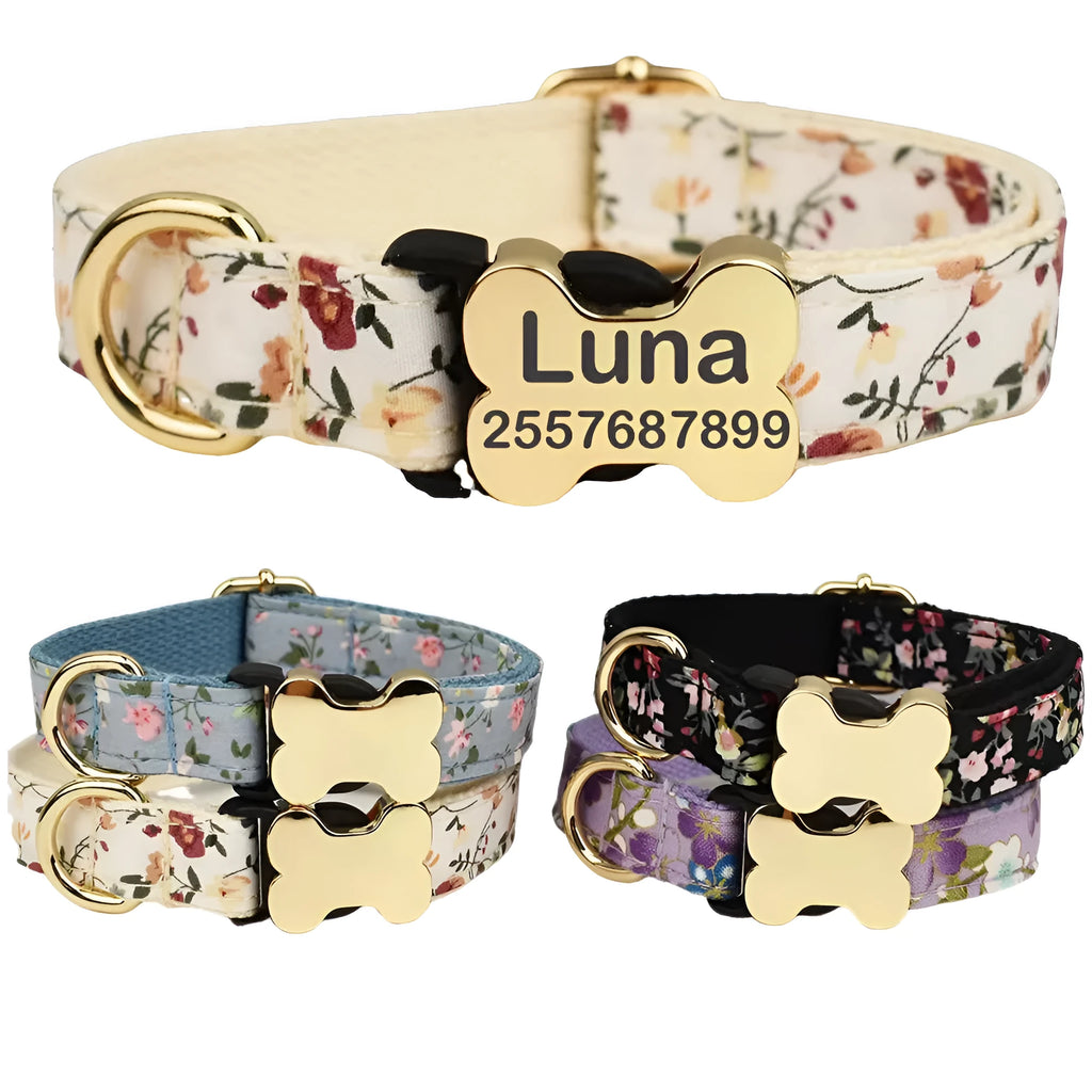 Flat nylon dog collar with grid print and a white plastic bone-shaped quick-release buckle.