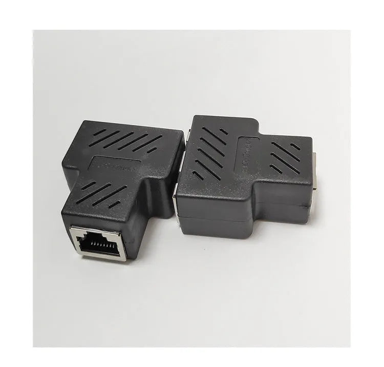 Two white RJ45 network tee splitters, one male to two female ports.