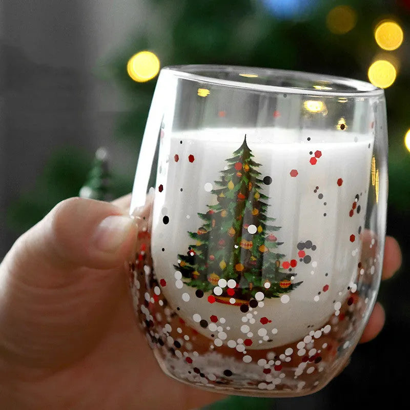 Christmas tree cup with double-layer high boron silicon glass, flowing sequins, and flower pattern, 301-400ml capacity